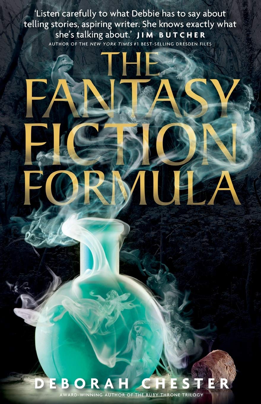 Book cover of 'The Fantasy Fiction Formula' by Deborah Chester, a green potion bottle emitting smoky figures