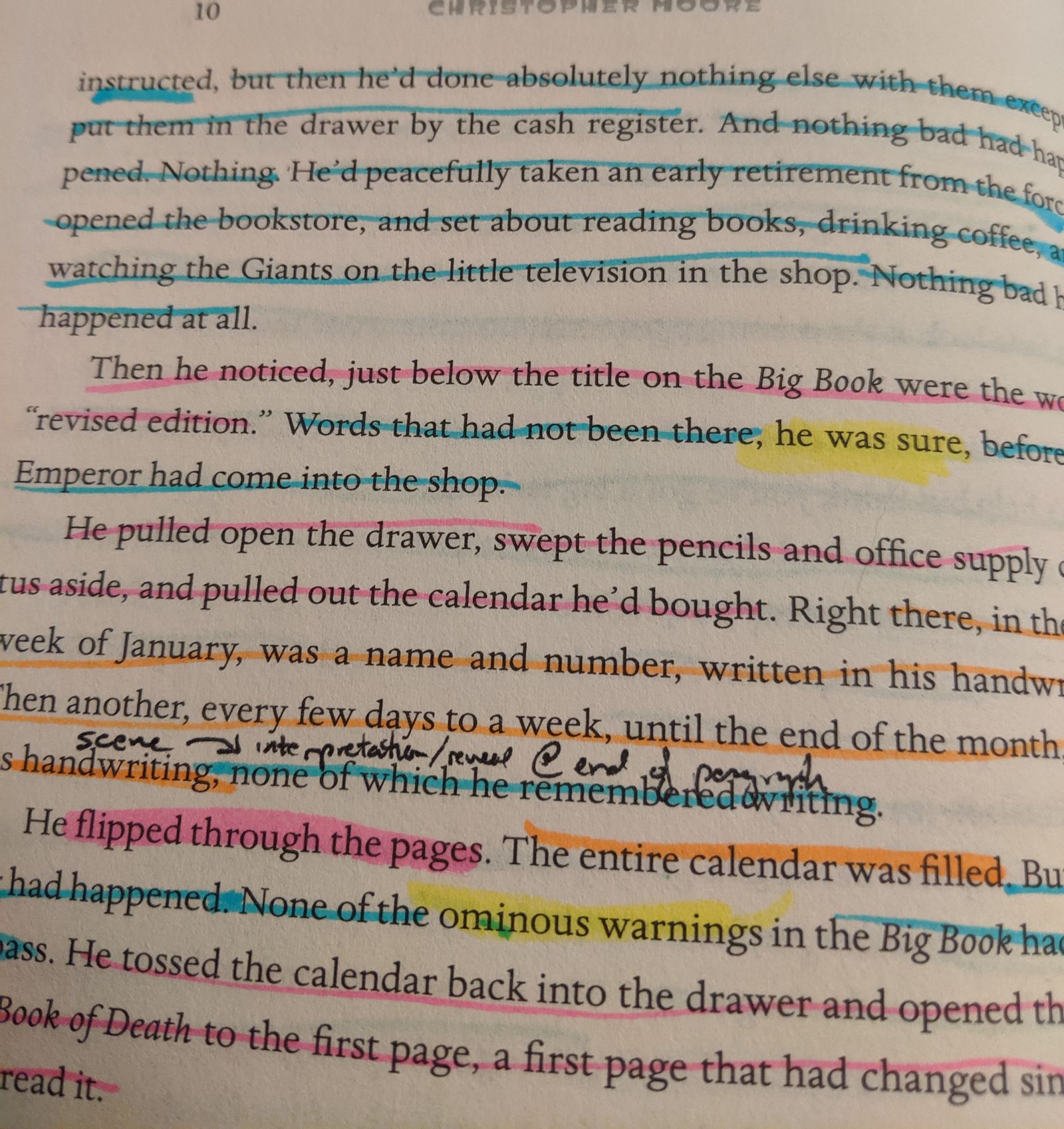 Page 10 of a Christopher Moore novel heavily marked in pink, blue, orange and yellow highlighter with notes