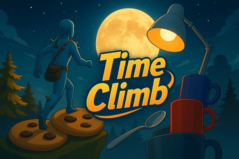 'Time Climb' game art: a backpacked figure climbs cookie stepping-stones toward a full moon, with a lamp and mugs