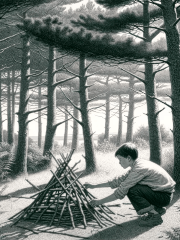 A sketch of "The Builder" — a kid building a wood structure beneath pine trees.