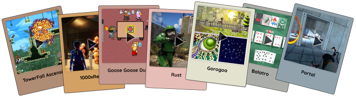 A collage of six game cards: TowerFall, 1000xResist, Goose Goose Duck, Rust, Gorogoa, Balatro, and Portal. Various art styles and colors. Ludocene example - it's a game recommendation software on swipe left and right. 