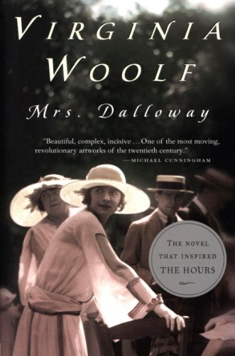 Book cover of 'Mrs. Dalloway' by Virginia Woolf, a sepia 1920s photo of women in wide-brimmed hats