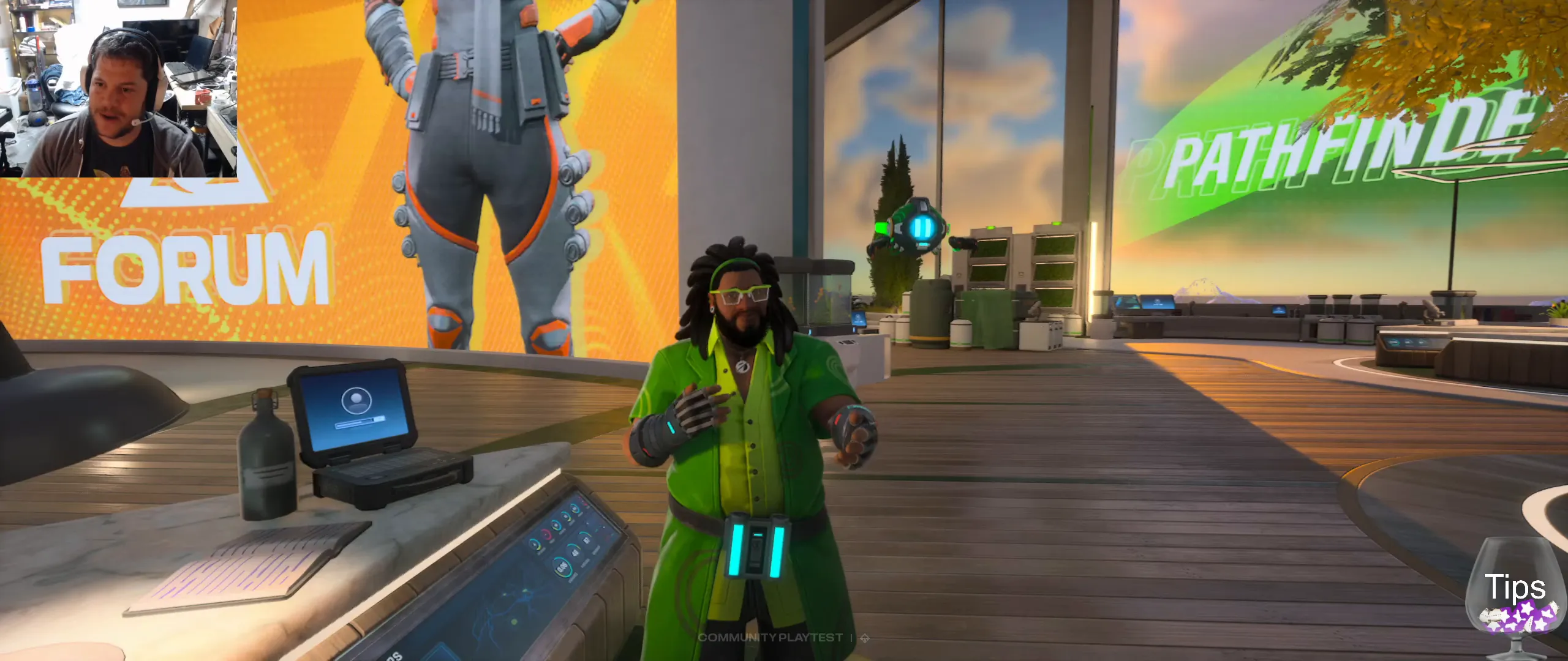 Project Ethos hub area: a green player avatar by kiosks beneath FORUM and PATHFINDER signage