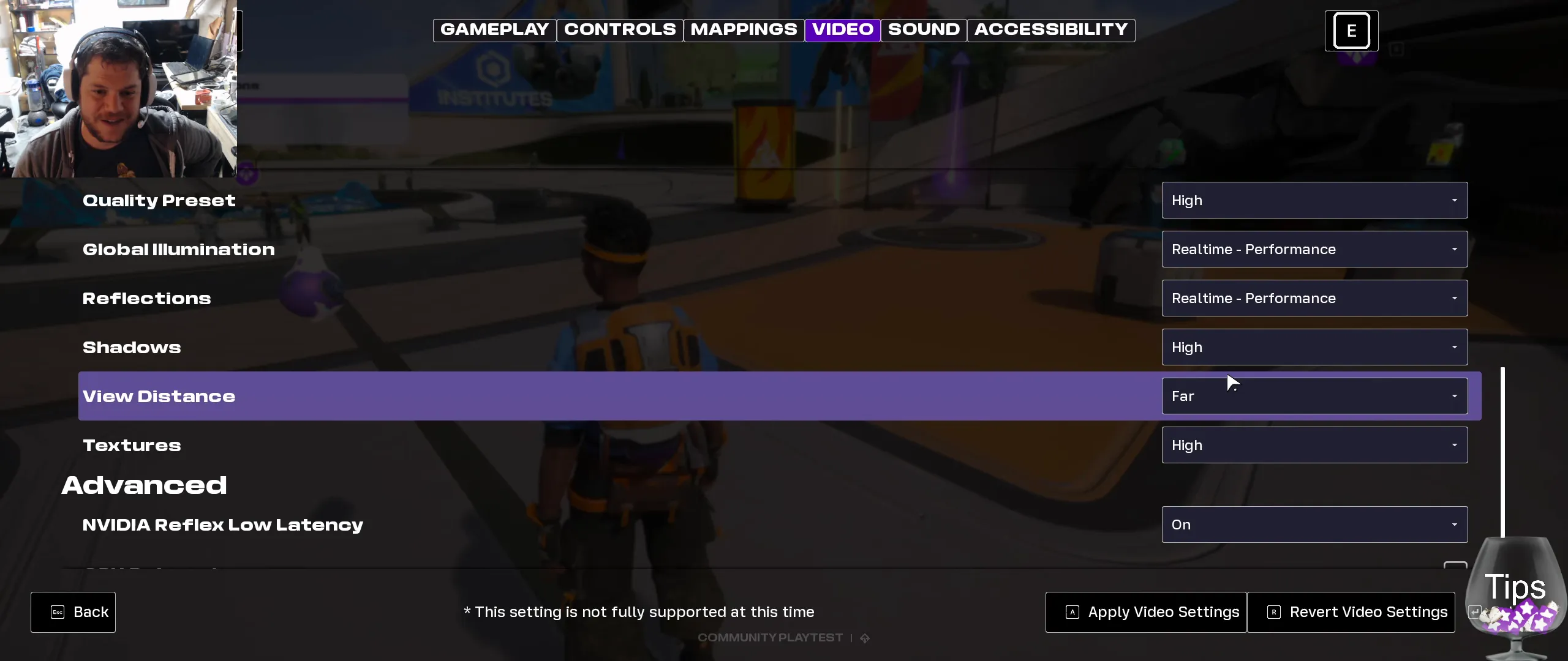 Project Ethos video settings menu with Quality, Reflections, Shadows and View Distance options