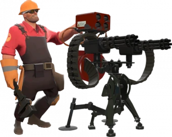 Team Fortress 2's Engineer in a hard hat beside a level-3 sentry-gun turret
