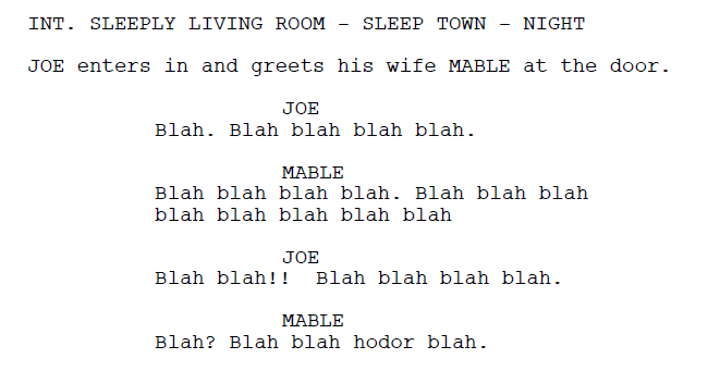 Screenplay excerpt with placeholder 'Blah blah' dialogue between Joe and Mable in a living-room scene
