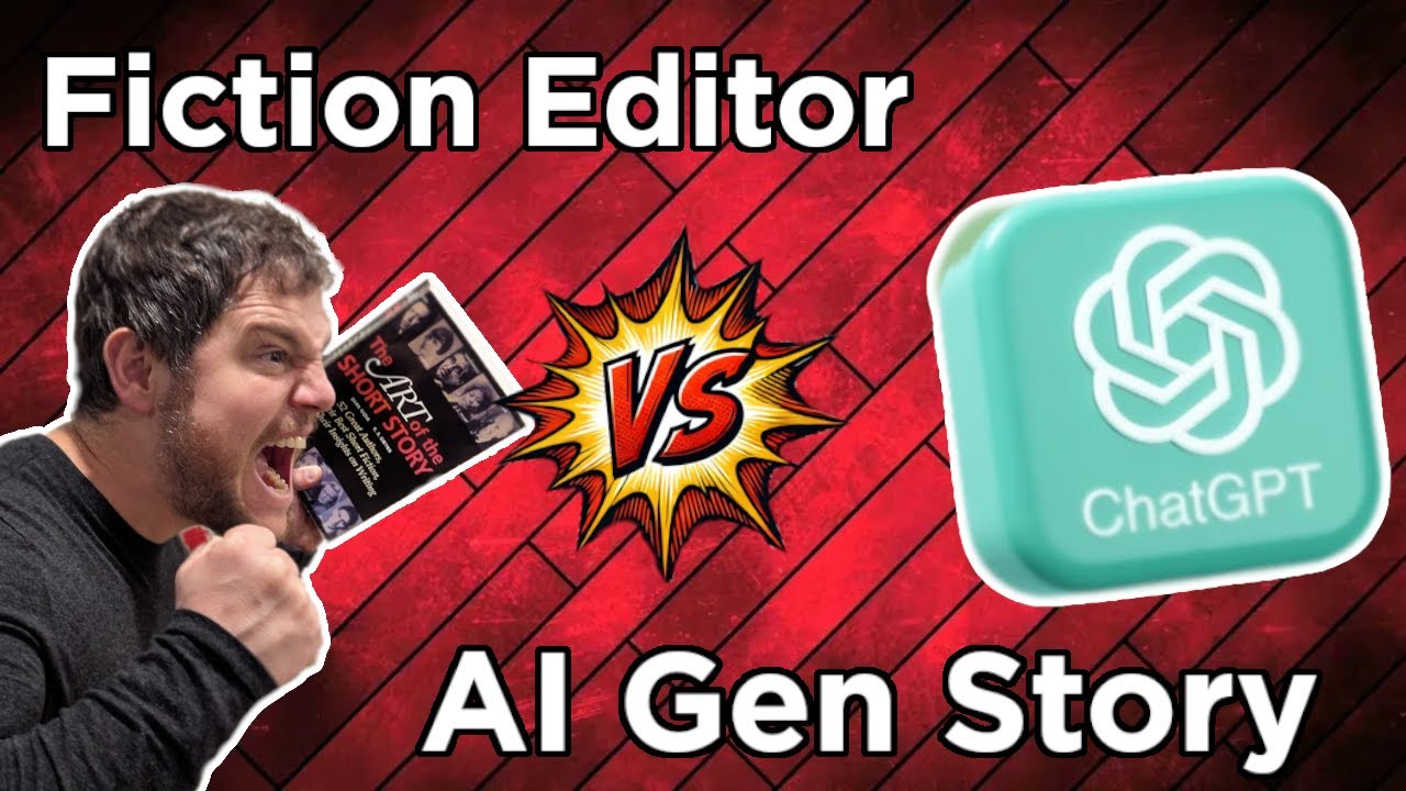 'Fiction Editor vs AI Gen Story' thumbnail: a man bites a book beside a VS burst and the ChatGPT logo