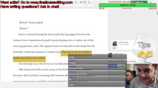 Manuscript with a highlighted line open in an editor, with the Final Boss 'Tips' logo and the editor on webcam