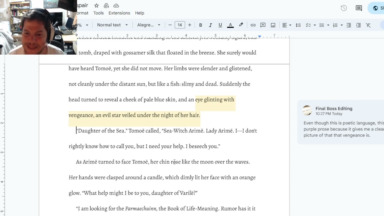 The novel Tomoe open in Google Docs with highlighted prose and a Final Boss margin comment; editor on webcam