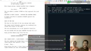 Screenplay titled 'Laser Sloth' open in an editor with a notes panel and two editors on webcam