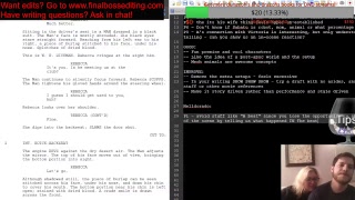 Screenplay open in an editor with a notes panel and the editor on webcam during a live script edit