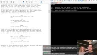 Screenplay open in an editor with a notes panel and the editor on webcam in the lower corner