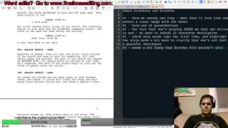 Screenplay text beside dark editor notes with a 'Want edits?' banner and the editor on webcam