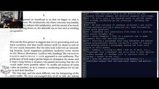 Two-column manuscript and editor-notes screen share with a small editor webcam inset