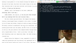 Manuscript open in an editor beside a notes sidebar, with the editor on webcam in the corner